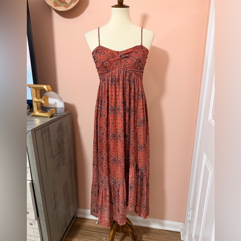 Maurices Smocked Rust-Patterned Floral Maxi Dress with Spaghetti Straps Sz S